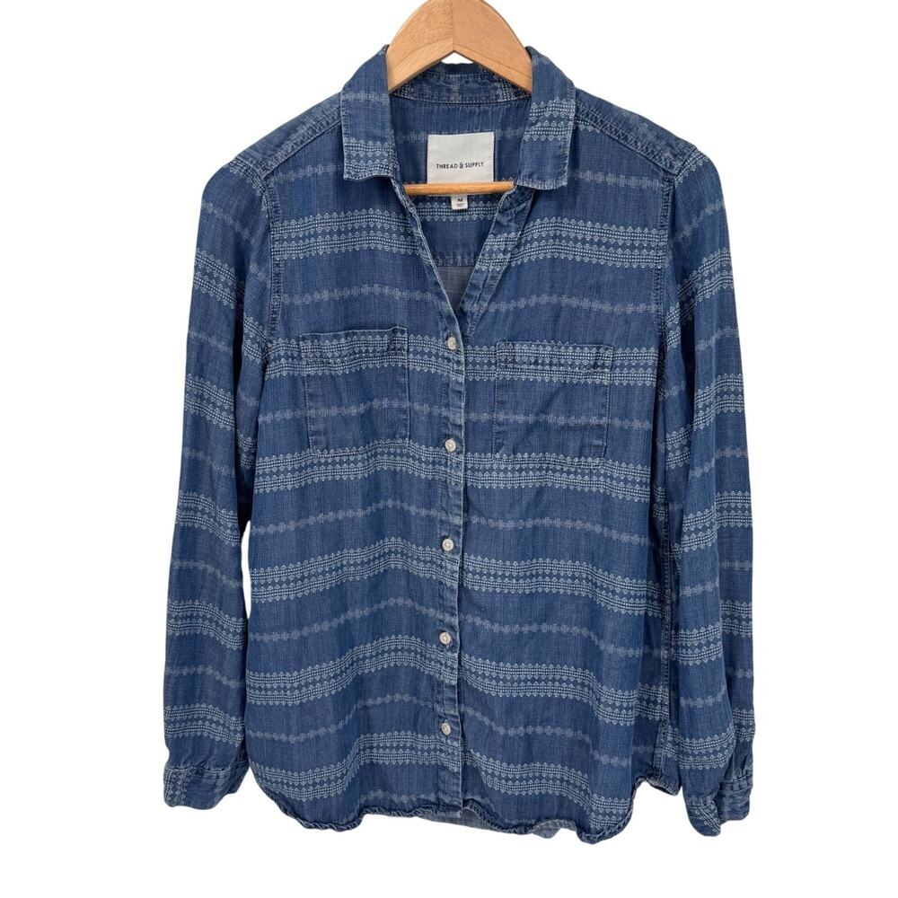 Thread & Supply Western Boho‎ Chambray Button Front Shirt Medium Blue Lyocell